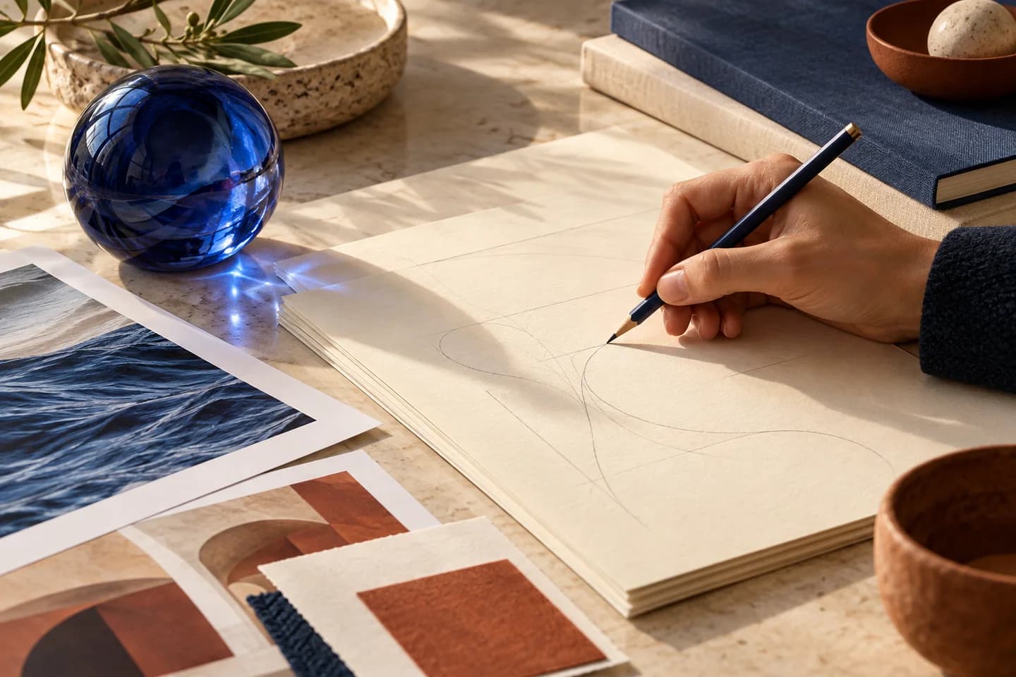Illustrative hand annotating a draft beside a translucent cobalt glass object and reference pages