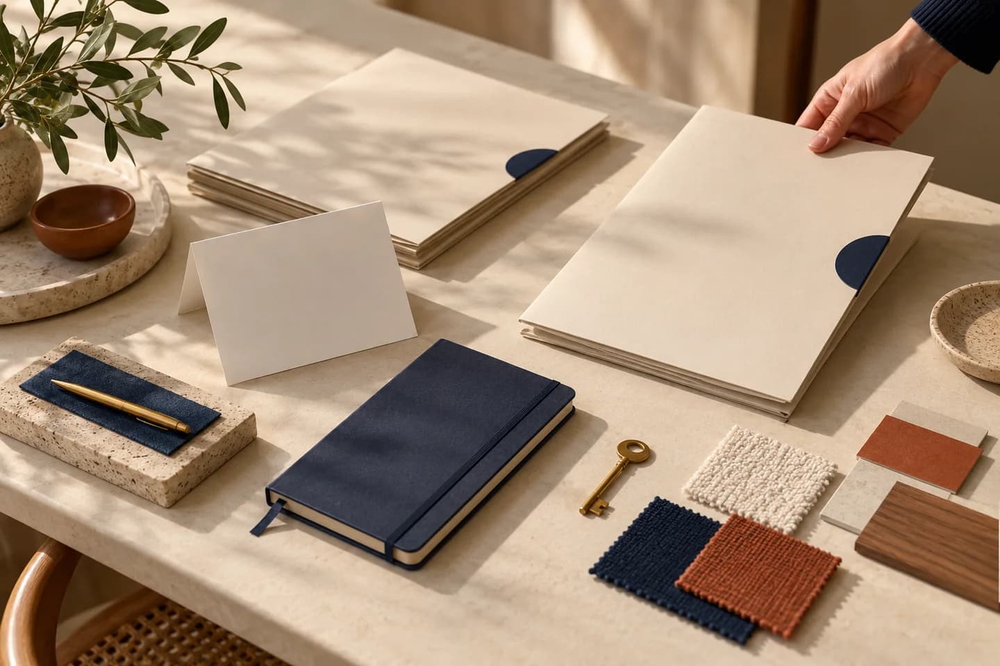 Illustrative welcome kit with cream folders, a notebook and neatly arranged materials